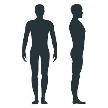 Male human character, people man front and view side body silhouette, isolated on white, flat vector illustration. Black people scale concept.