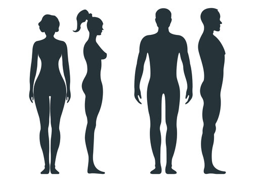 Male and female human character, people man woman front and view side body silhouette, isolated on white, flat vector illustration. Black people scale.