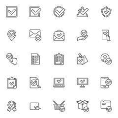 Confirmation, approval line icons set. Check mark linear style symbols collection, outline signs pack. vector graphics. Set includes icons as received message, checklist document, certified badge