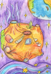 Fantasy asteroid house, watercolor illustration