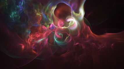 Abstract colorful red and green glowing shapes. Fantasy light background. Digital fractal art. 3d rendering.