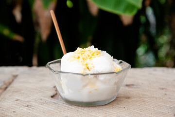 Coconut milk ice cream cup with spoon