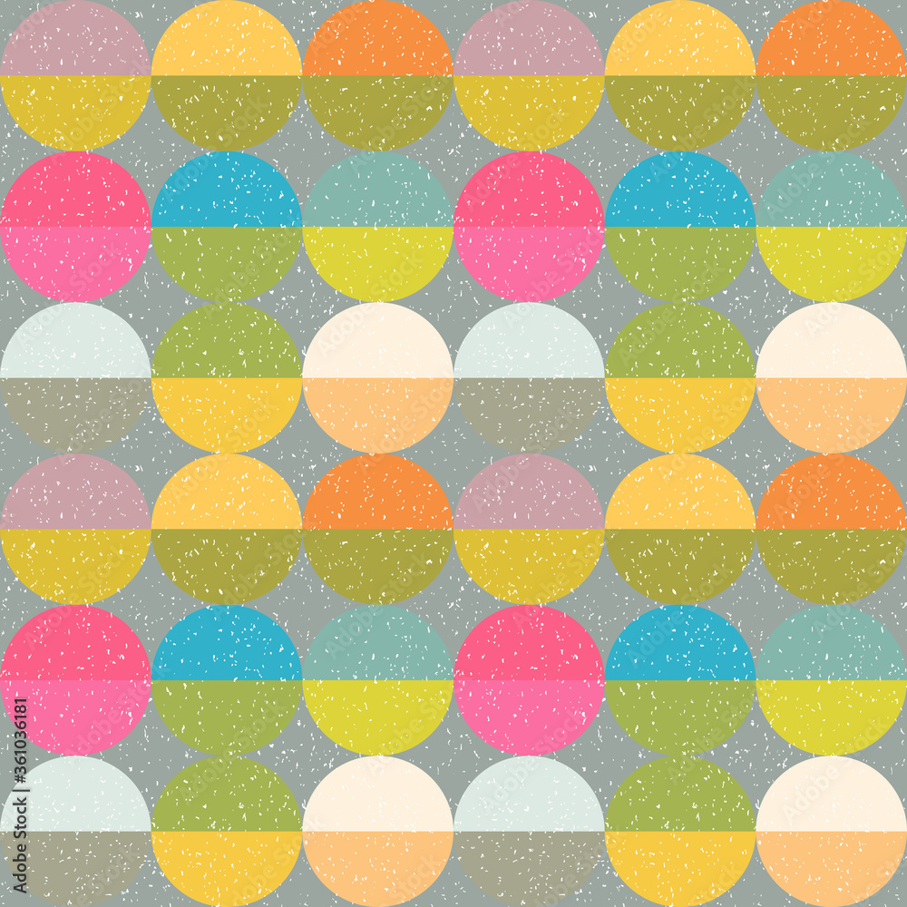 Aufkleber Modern vector abstract seamless geometric pattern with semicircles and circles in retro scandinavian style. Pastel colored colorful shapes with worn out texture .