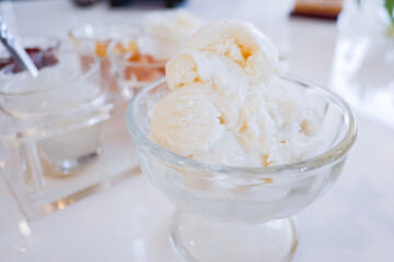 Fototapeta na wymiar Coconut milk ice cream with Thai style toppings