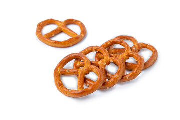 Crispy pretzels isolated on a white background. Snack on beer. Salty snack. Crispy pretzels