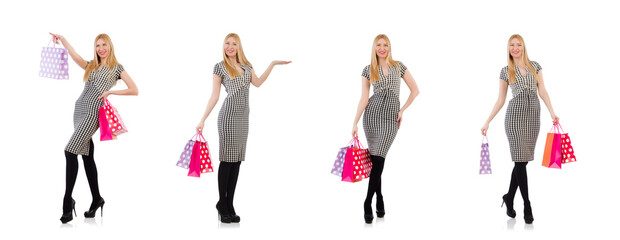 Woman after shopping isolated on white