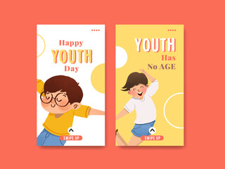 Youth day instagram template design for international youth day,social media,online community and internet watercolor vector illustration