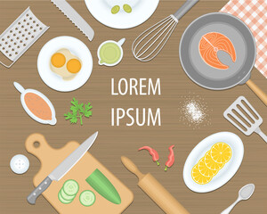 Vector illustration. Food and cooking. Top view. Kitchenware, cookware, kitchen tools. (view from above)
