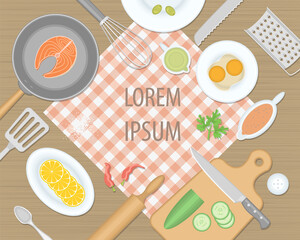 Vector illustration. Food and cooking. Top view. Kitchenware, cookware, kitchen tools. (view from above)