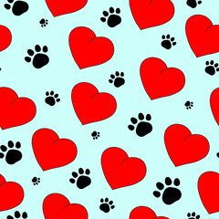 Hearts and Paws seamless repeat pattern, Red and black on blue background. Tile, wallpaper, surface, fabric pattern design
