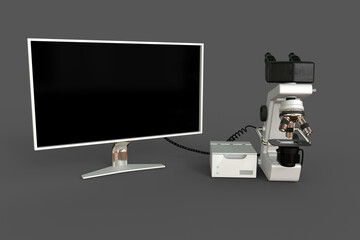 White scientific microscope, system box and empty monitor isolated, realistic 3d illustration of object with fictional design, biotechnology research concept