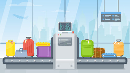 Vector airport police scanner and conveyor belt with passenger luggage bag, suitcase. Luggage carousel and baggage scan in flat style. Terminal hall illustration for travel, holiday, flight concept.