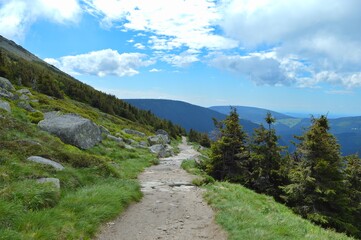 Trails and path on the way to biggest mountain of Czech Republic in Krkonose national park