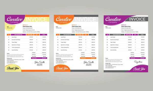Invoice design. Invoice templates receipt, calculation file payment document illustration.