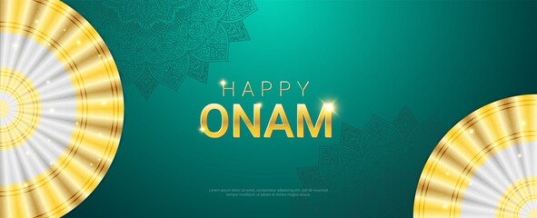Happy Onam sparkling gold tagline horizontal banner template. Harvest Hindu festival celebrated in memory of King Mahabali. Traditional Thiruvathirakali dance white and gold sari and mandala ornament.