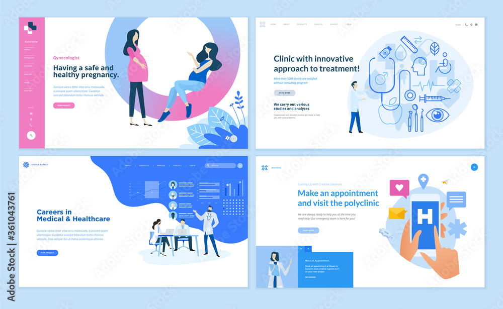 Wall mural set of web page design templates on medicine and health care. vector illustrations for website desig