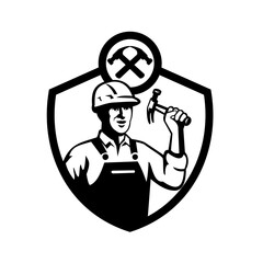 Builder Carpenter Holding a Hammer Shield Retro Black and White