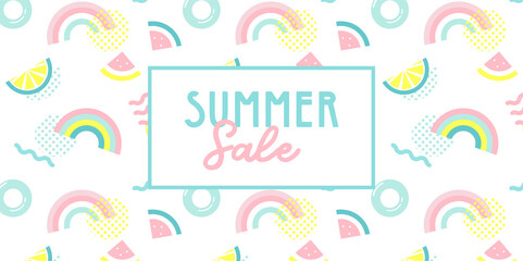 Promo web banner template for summer sale. Summer funny wallpaper in memphis style. Fashionable styling template with watermelon, lemon and rainbow. vector design.