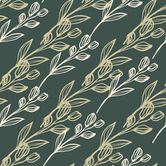 Hand drawn line art leaf seamless pattern on green background. Creative floral botanical wallpaper.