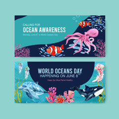 Billboard template design for World Oceans Day concept with marine animals watercolor vector