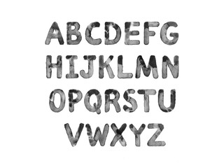 Hand drawn watercolor lettering set of English alphabet. Black marble letters on isolated background. Handwritten Latin letters. Great for postcards, posters, greeting cards, comics, cartoons.