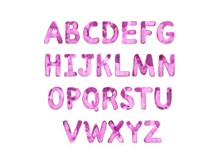 Hand drawn watercolor lettering set of English alphabet. Pink marble letters on isolated background. Handwritten Latin letters. Great for postcards, posters, greeting cards, comics, cartoons.