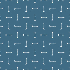 Hand drawn geometric arrows pattern on blue background. Tribal seamless wallpaper in doodle style.