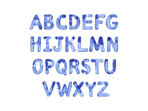 Hand drawn watercolor lettering set of English alphabet. Blue marble letters on isolated background. Handwritten Latin letters. Great for postcards, posters, greeting cards, comics, cartoons.