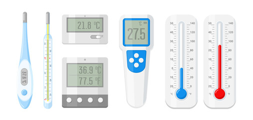 Vector Celsius and Fahrenheit meteorology thermometers for measuring heat and cold winter temperature. Flat thermometer icon collection. Temperature scale for measurement forecast weather or medicine.