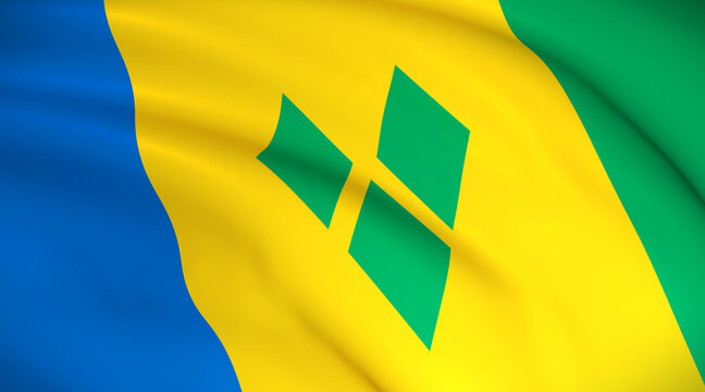 Saint Vincent and the Grenadines National Flag (Vincy flag) - Waving background illustration. Highly detailed realistic 3D rendering