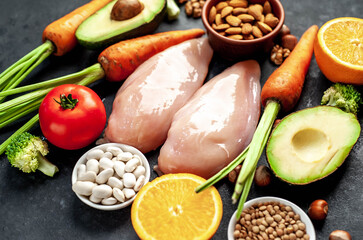 Products containing vitamin B3 (PP, niacin), healthy eating concept on stone background