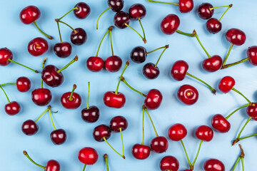 Fototapeta na wymiar Red juicy cherries on a blue