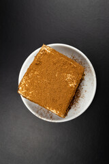 A square piece of tiramisu on a white plate.