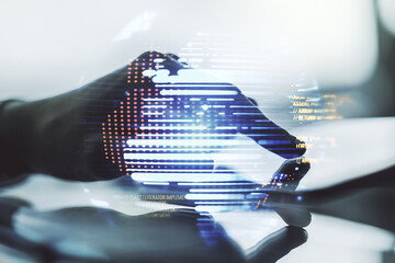 Multi exposure of abstract software development hologram with world map and finger presses on a...