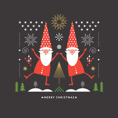  Christmas cards. Two funny cute Christmas gnomes. Banner, gift card, vector illustration