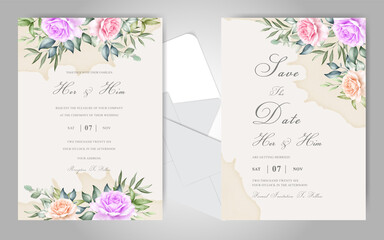 Fototapeta na wymiar Elegant Floral and Watercolor Splash Wedding Invitation Cards
