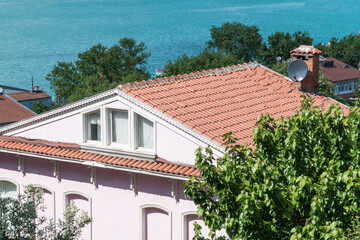 roofs of houses and trees by sea in a sunny day