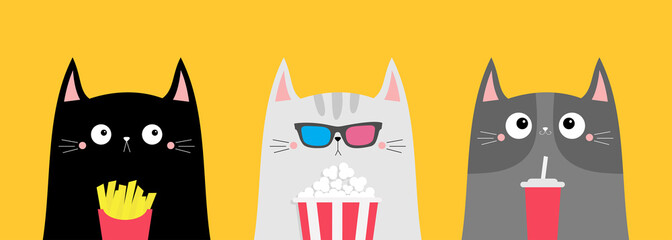 Cat set. Popcorn, soda, french fries. Cinema theater. Cute cartoon funny character. Film show. Kitten in 3D glasses watching movie. Kids print for notebook cover. Yellow background. Flat design