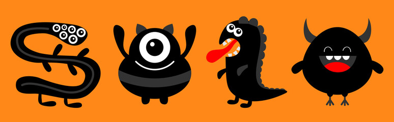 Happy Halloween. Monster black silhouette set line. Dino, snake. Cute kawaii cartoon scary funny character icon. Eye, hair, tongue, teeth, hands. Funny baby. Orange background. Flat design.