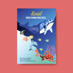 Information about World Oceans Day concept with marine animals watercolor vector