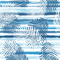 Tropical pattern, palm leaves seamless vector floral background. Exotic plant on blue stripes print illustration. Summer nature jungle print. Leaves of palm tree on paint lines. ink brush strokes