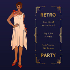Art Deco vintage invitation with elegant woman. Cover, square banner or greeting card a-la Roaring 20s. Golden geometric frame, copy space and illustration of stylish lady. Also for social media post