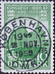 DENMARK - CIRCA 1953: A postage stamp from Denmark showing the Farm Spottrup near Skive (Jutland)