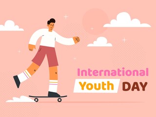 International Youth Day horizontal banner template. Young guy in T-shirt and shorts on skateboard with clouds and decorative elements in modern flat style. Teens and young people celebration.