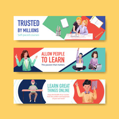 Online learning banner template design for website,brochure,leaflet and   advertise watercolor vector illustration