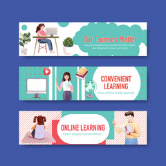 Online learning banner template design for website,brochure,leaflet and   advertise watercolor vector illustration