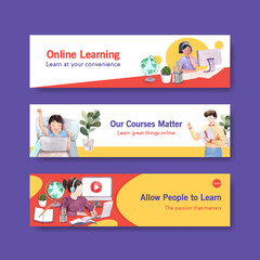 Online learning banner template design for website,brochure,leaflet and   advertise watercolor vector illustration