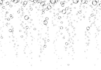 Fototapeta na wymiar Bubbles underwater texture isolated on white background. Vector fizzy air, gas or oxygen under water. Realistic champagne drink, soda effect template