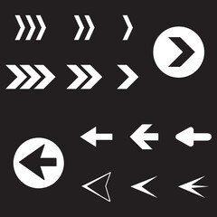 Arrow back and right icon set isolated on black background. Trendy collection of different arrow icons in flat style for web site, app and ui. White arrows right and left template. Vector illustration