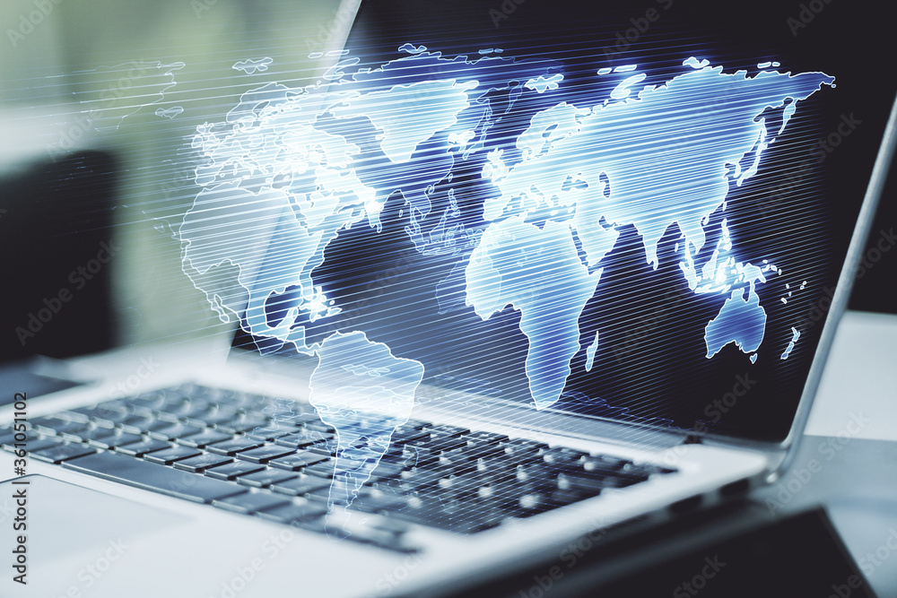 Poster multi exposure of abstract creative digital world map on laptop background, research and analytics c